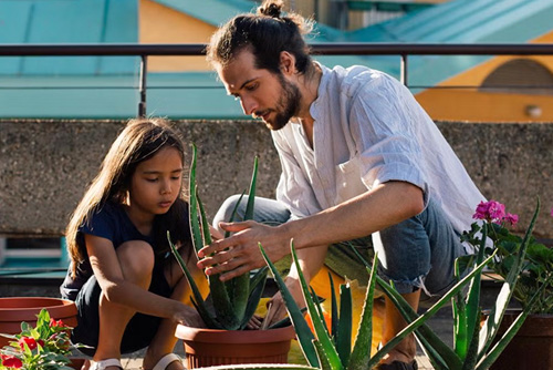A man helps a young girl plant a succulent in a terracotta pot