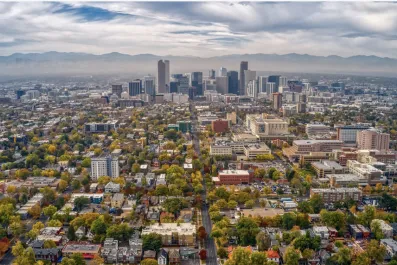 Aerial shot of downtown Denver on a cloudy day